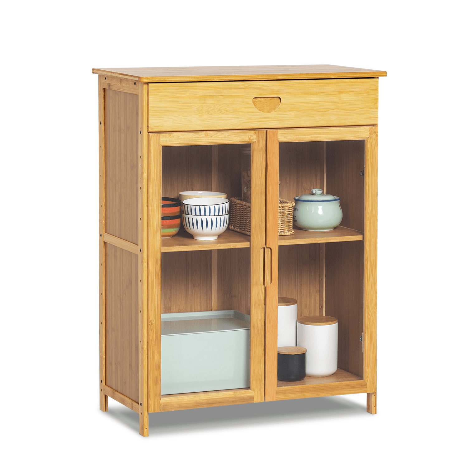 MoNiBloom Bamboo 4 Tier Sideboard Cupboard Floor Standing Storage Cabinet  with Visible Doors, Natural, for Kitchen