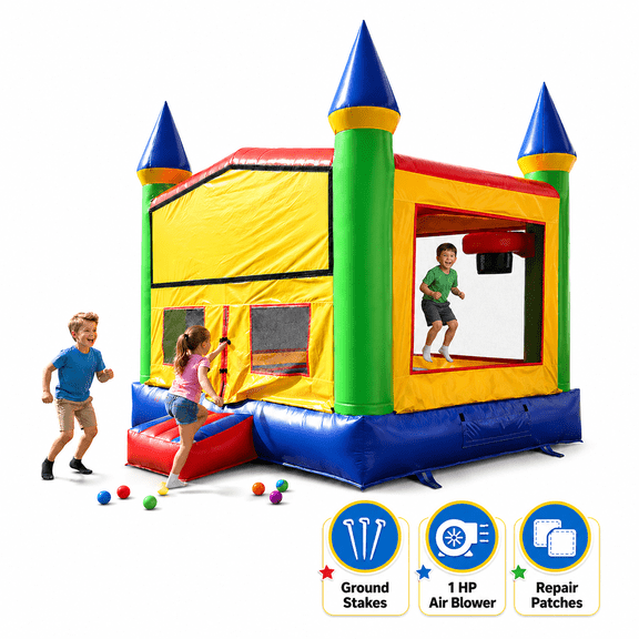 Rayocon Inflatable Castle Bounce House with Blower, 13 x 13 x 15 ft, Basketball Hoop and Mesh Sides for Kids Backyard