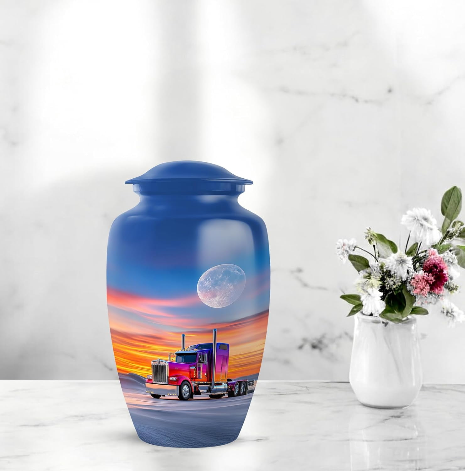 Trucker Urn For Human Ashes Adult Male, Sunset Semi-truck Cremation Urn For Men, Decorative Memorial Urns For Ashes, Funeral Urns For Ashes Adult, (Size: 6 Inch, 1 Pc)