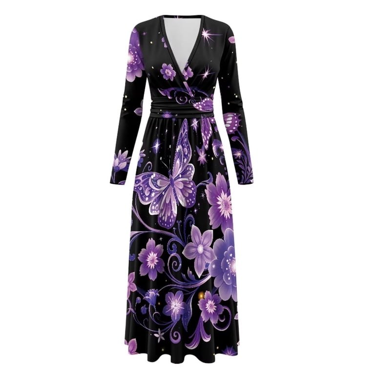 Fkelyi Purple Floral Butterfly Print Fall Maxi Dress for Women Long Sleeve A-Line Flowy Dresses with Side Pockets V Neck Casual Dress for Spring Fkelyi Purple Floral Butterfly Print Fall Maxi Dress for Women Long Sleeve A-Line Flowy Dresses with Side Pockets V Neck Casual Dress for Spring