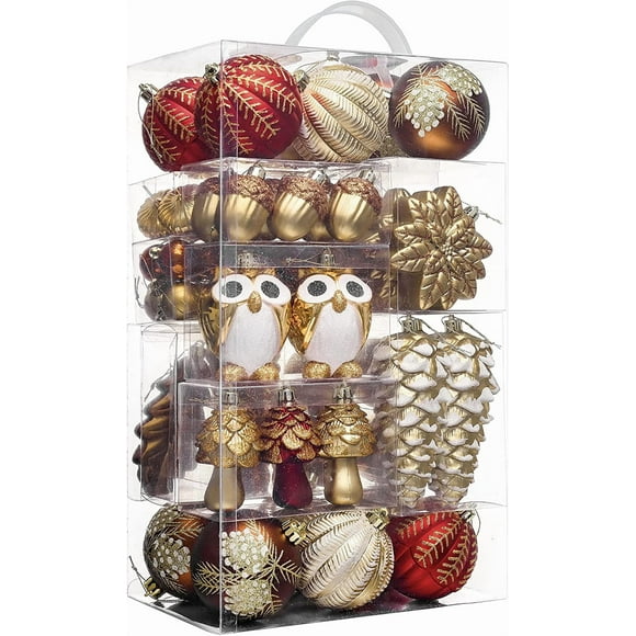 Christmas Ornaments Set, 80ct Red and Brown Shatterproof Christmas Tree Decorations, Woodland Hanging Ball Ornaments Bulk for Xmas Holiday Decor