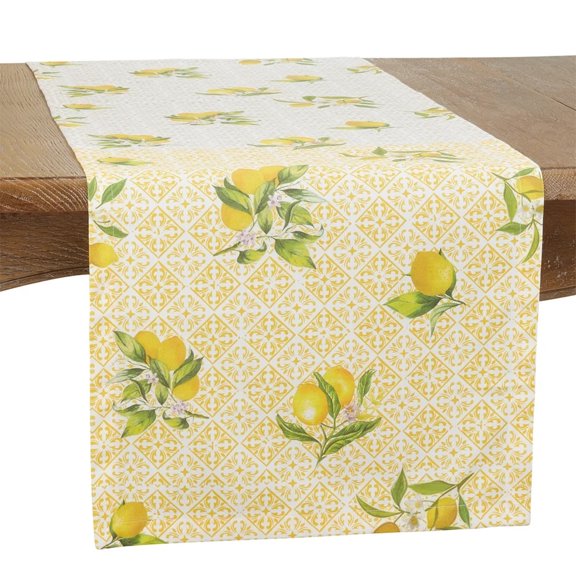 Fennco Styles Lemon Block Print Cotton Table Runner 16"W x 72"L - Yellow Table Cover for Everyday Use, Dining Table Décor, Banquets, Family Gathering and Special Events