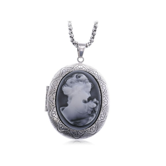 Gray Silvery Tone Cameo Lady Locket Oval Custom Pendant Necklace