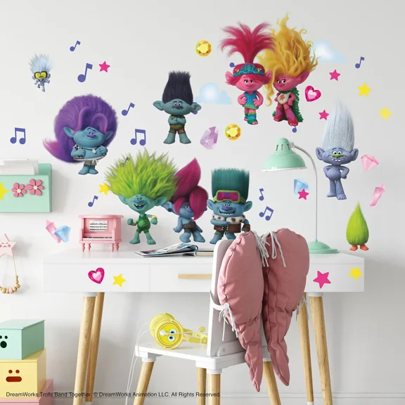 Officially-licensed Trolls Band 3 Movie Peel and Stick Wall Decals w/ Glitter Colorful Kids Room Stickers RMK5435SCS