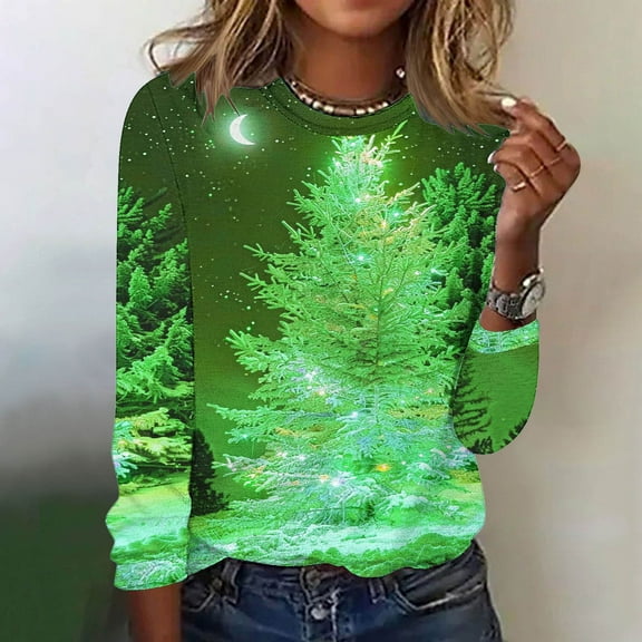 Holiday Gifts Horkkom Long Sleeve Shirts for Women Christmas Tree Graphic Print Cute Casual Tops Crewneck Loose Pullover Blouses, Gifts for Women