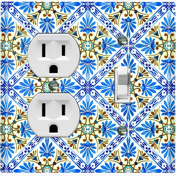 Metal Light Switch Plate Cover Blue Yellow Fancy Tile Pattern TIL013