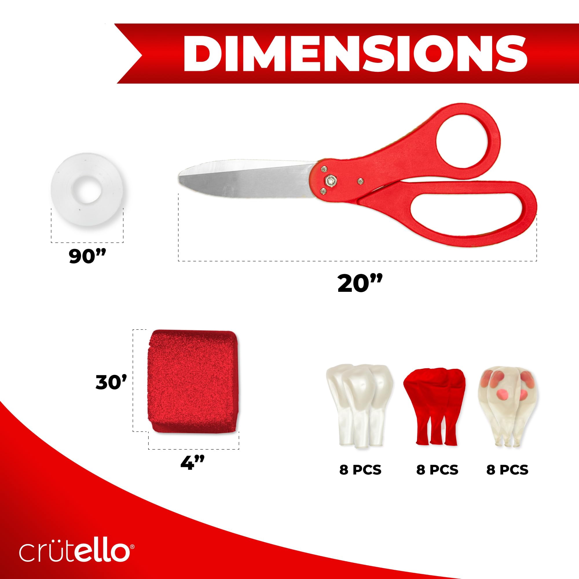 Crutello Ribbon Cutting Ceremony Kit - 20"Giant Scissors with Red Handle, 30ft Sparkle Giant Red Ribbon 4"Wide, 24 Balloons & 90ft Balloon Band for Grand Opening Decorations
