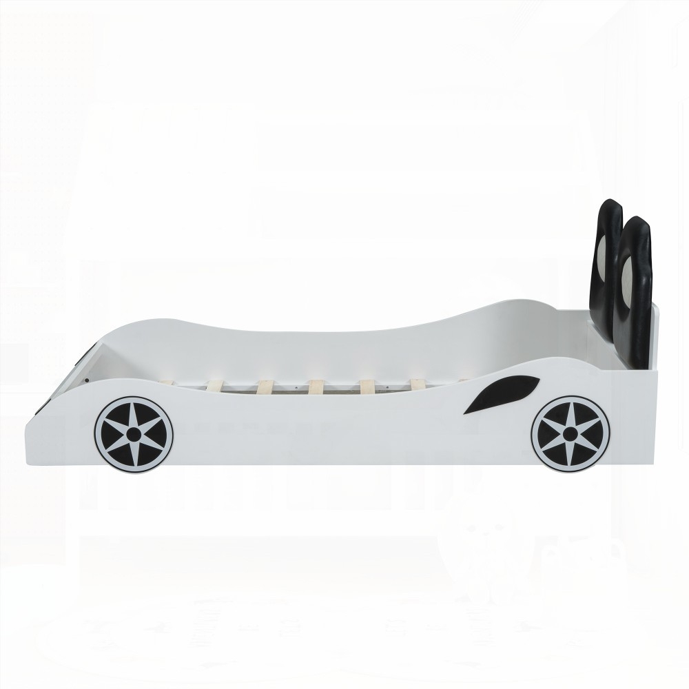 White Twin Size Race Car Platform Bed Featuring Upholstered Backrest & Under-Bed LED Lighting