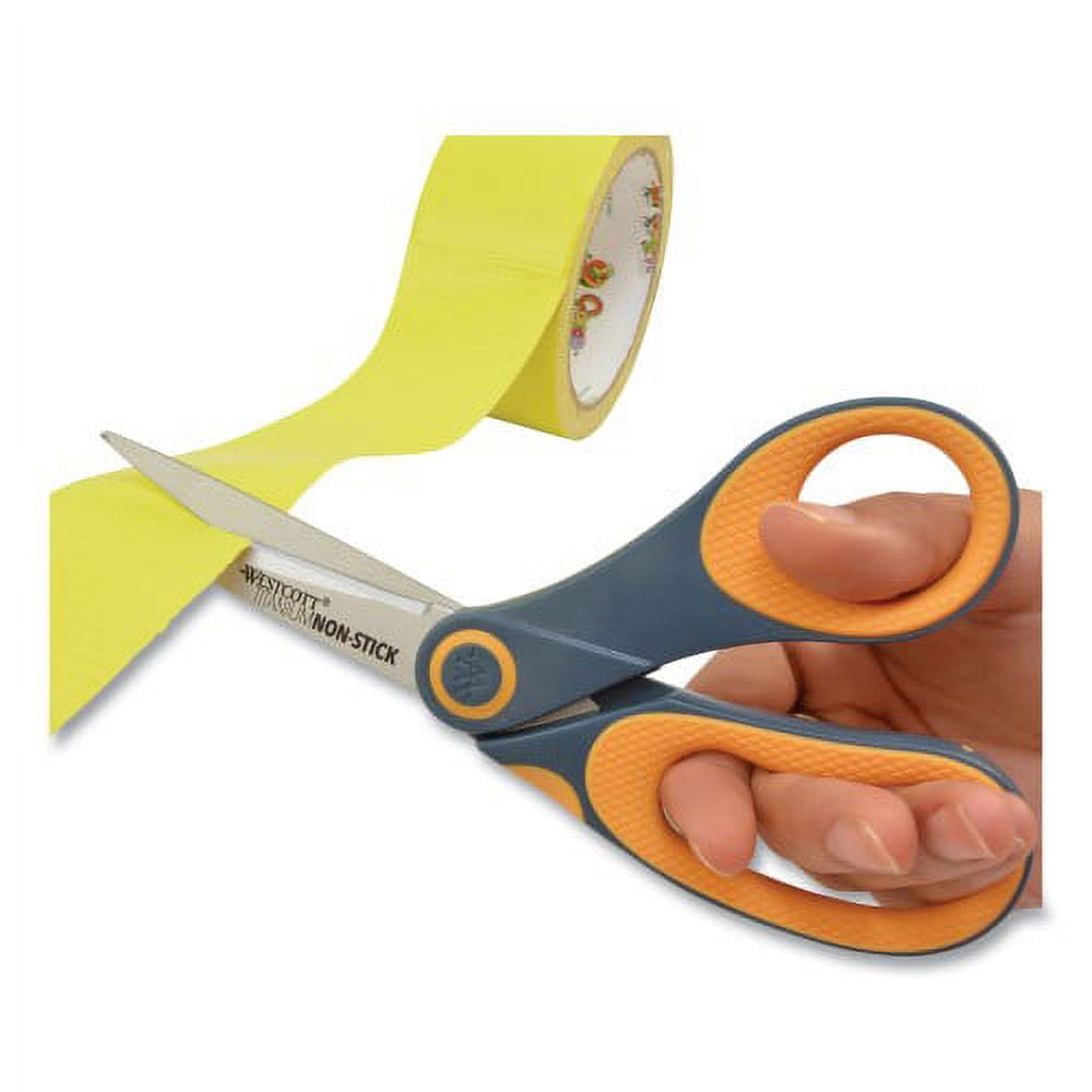 Westcott Non-Stick Titanium Bonded Scissors, 8" Long, 3.25" Cut Length, Gray/Yellow Bent Handle