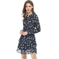 thumbnail image 1 of INSPIRE CHIC Robe en Mousseline à Manches Longues pour Femme, Imprimé Floral, Taille Smockée, Col en V, S Bleu Foncé, 1 of 7