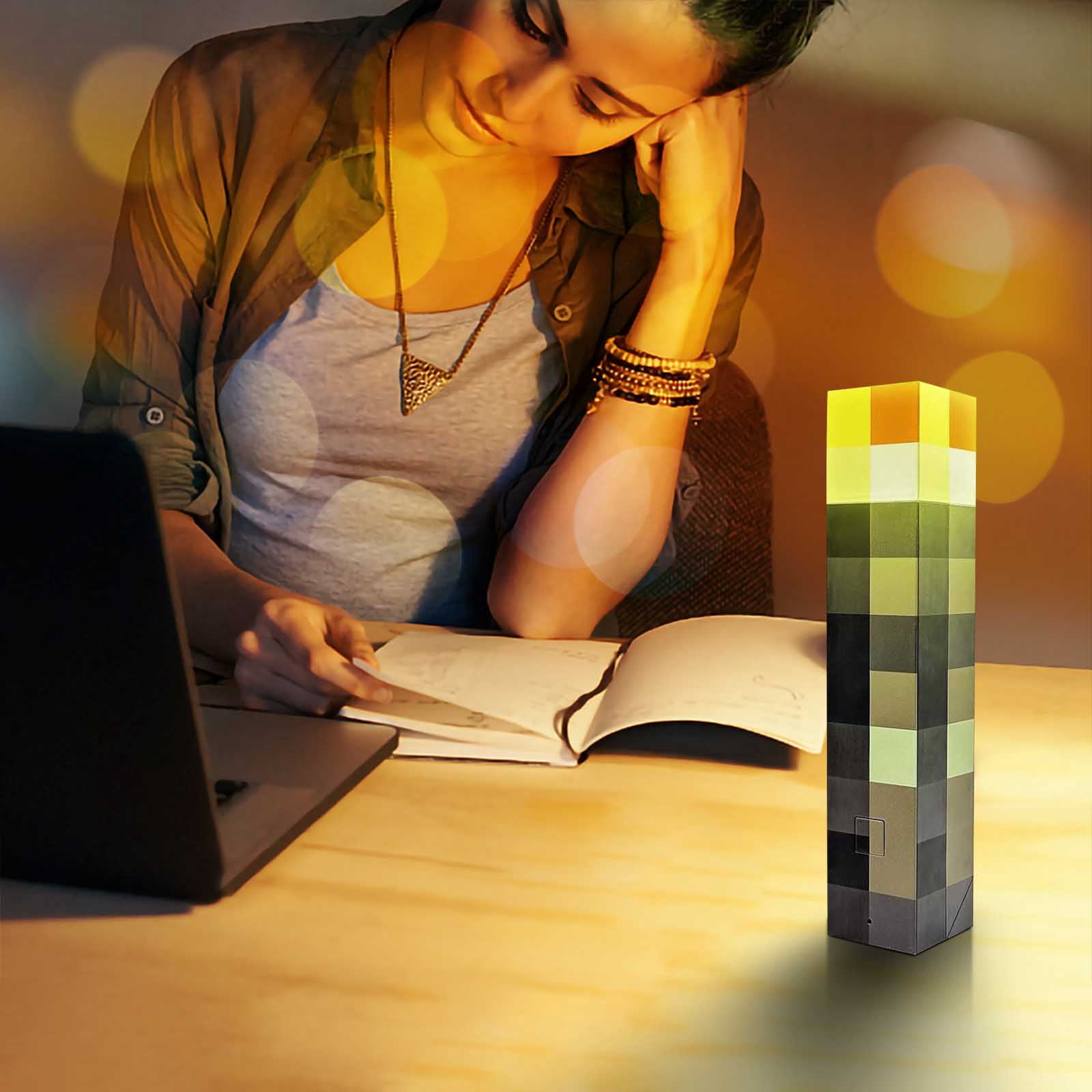 XMMSWDLA 7-Color Pixelated Light-up Wall Torch Lamp-Rechargeable Night Light Lamp,Pixelated-Mountable Table Light,Nightstand,Pixelated Themed Room Decor for Boys' Girl Bedroom Decor (11-Inch, USB )