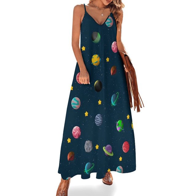 Vestido largo elegante con estampado espacial celestial, negro y blanco, cuello en V, estilo bohemio, para playa, con tirantes, moda urbana, talla grande