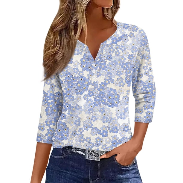 Camiseta casual de moda para mujer con cuello en V y siete mangas con botones estampados florales, color morado claro/2XL