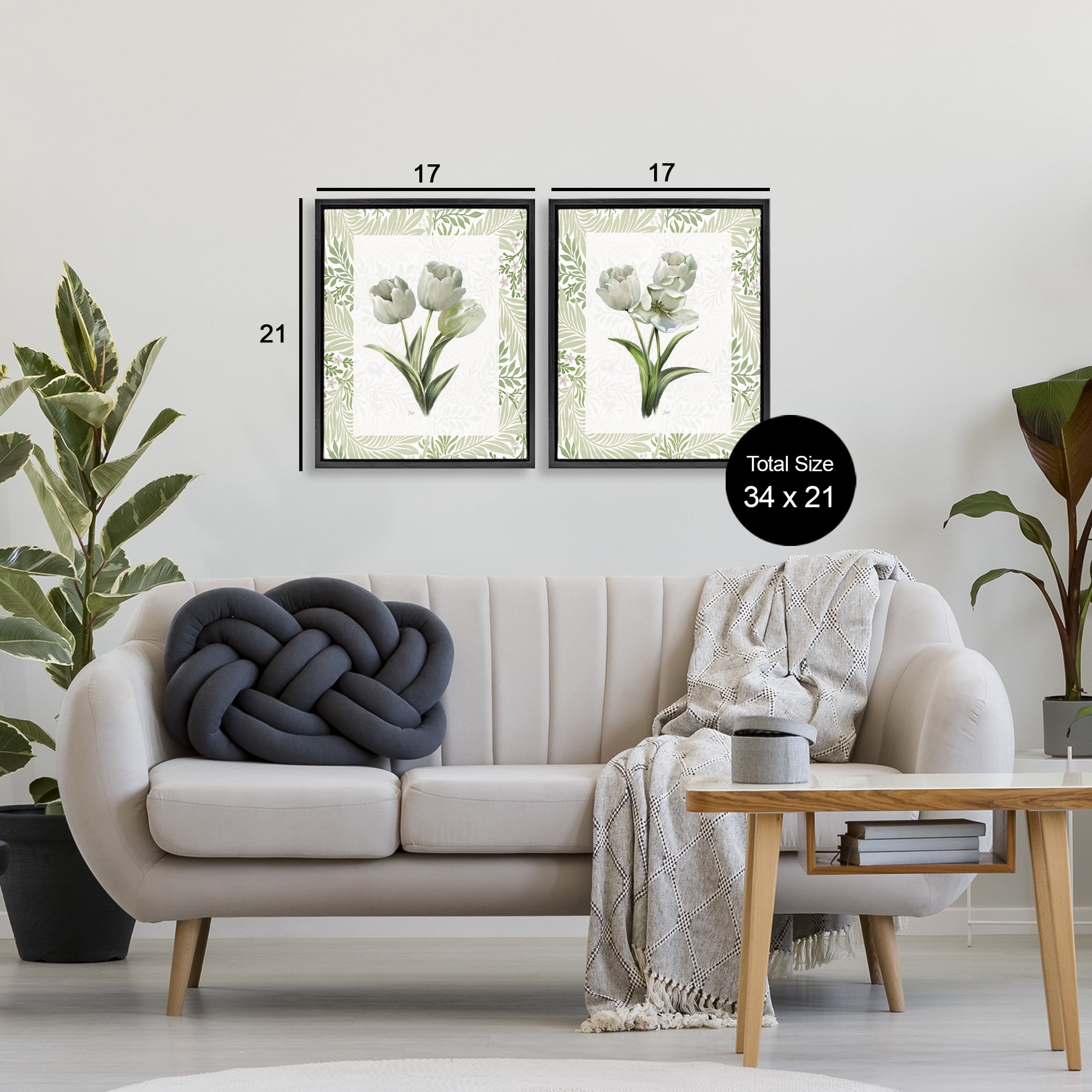 Stupell Industries Soft Green Tulip Trios 2 Piece Black Framed Floater Canvas Set, design by Nan