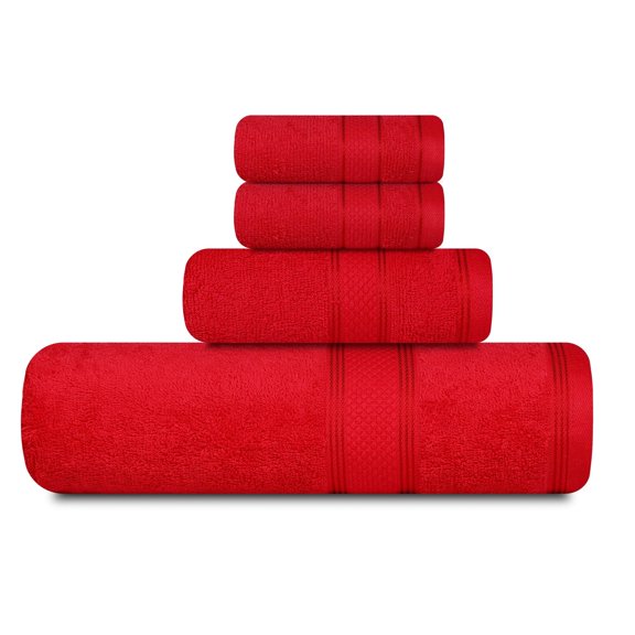 Casa Lino 4Pc Premium Bath Towel Set (1 Bath Towel, 2 Washcloths, 1 Hand Towel) - 100% Cotton, 400GSM & Ultra Absorbent (Red)