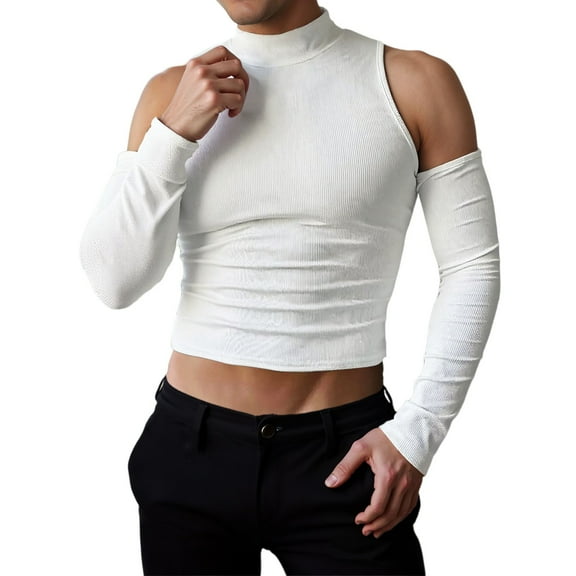 PIOMLL Graphic Tees for Men High Neck Off Shoulder Long Sleeved White Fall Tops XL