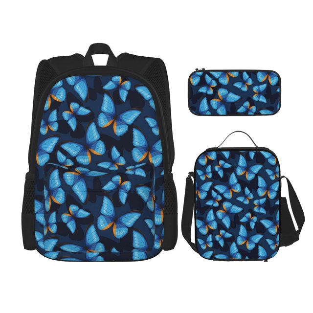 Vsdgher Blue Butterfly Print Large Capacity Backpack Lunch Bag Pencil Case Combination 3 Piece Set for Student