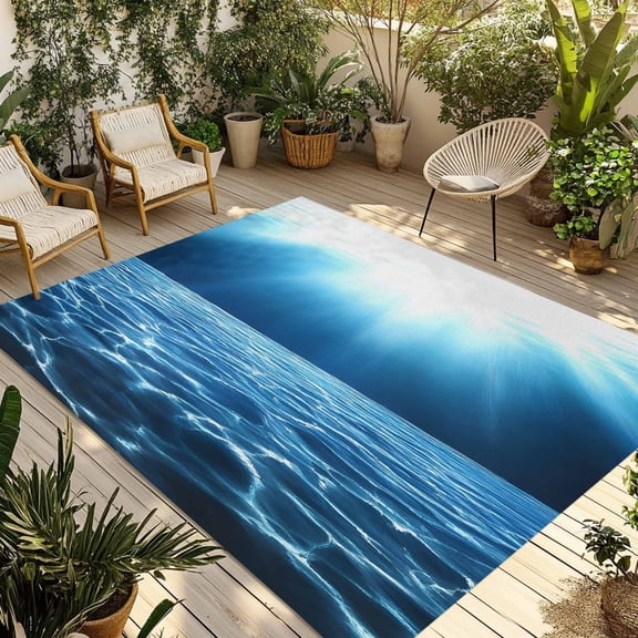 Fsddascl Blue Ocean Outdoor Rug for Patio/Deck/Porch, Non-Slip Large Area Rug 4 x 6 Ft, Beach Summer Coastal Underwater Scene Waves Indoor Outdoor Rugs Washable Area Rugs, Camping Rug Carpet