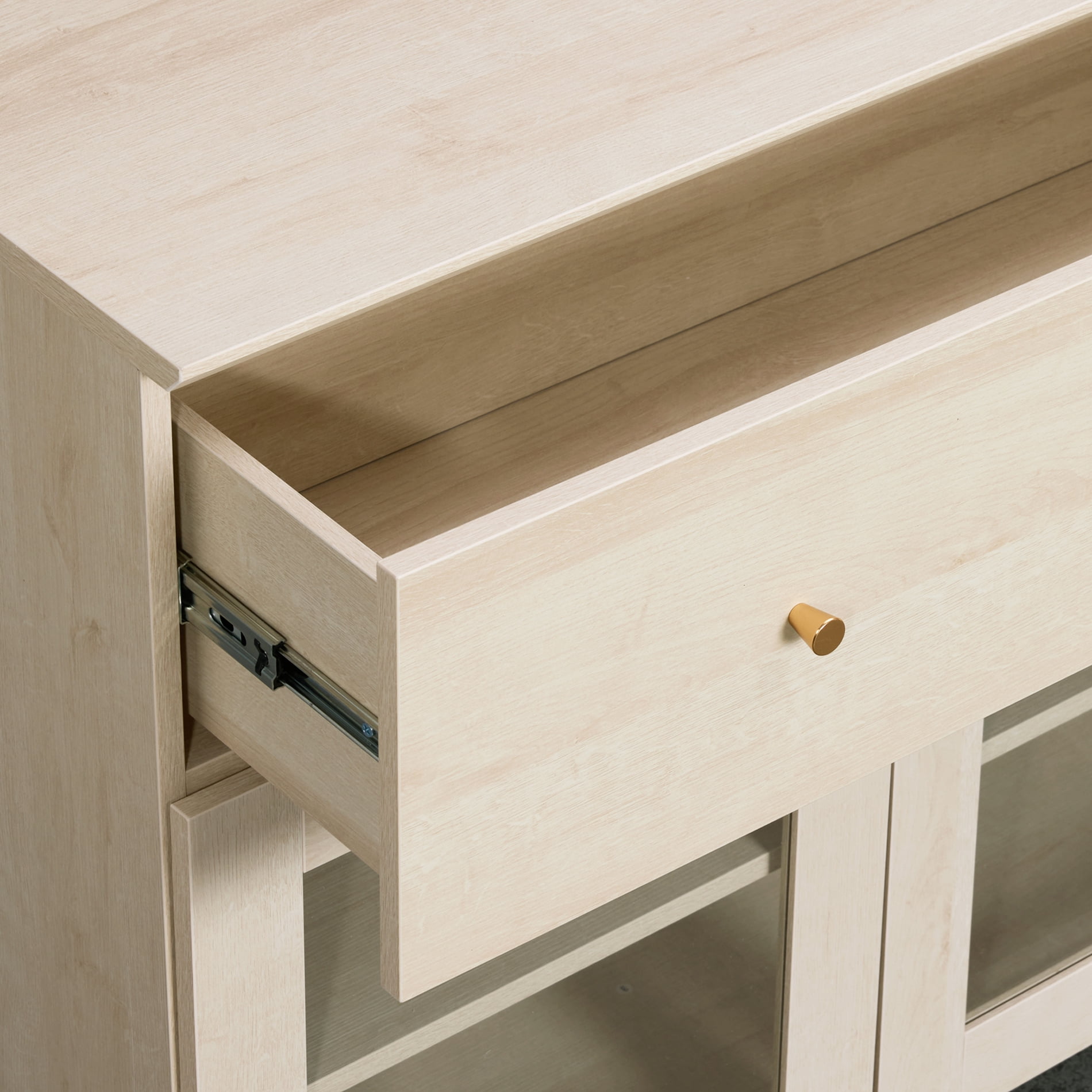 Large Bedroom Nightstand with Glass Doors, Tall Bedside Table with Drawer, Shelf and Cable Management, White Oak