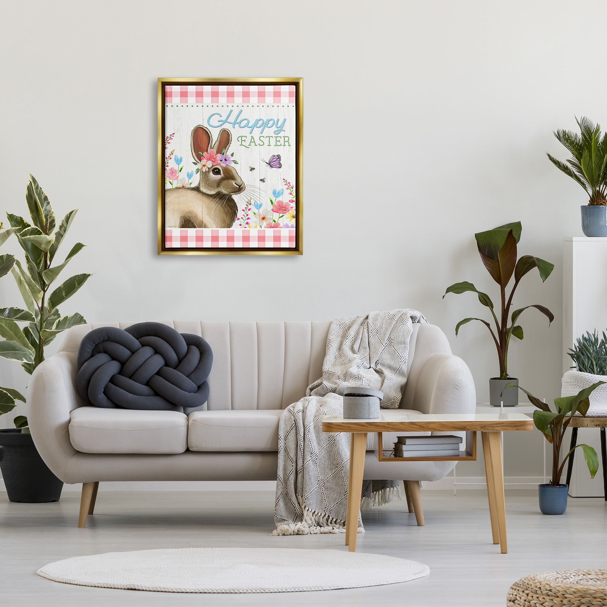 Stupell Happy Easter Floral Gingham Rabbit Holiday Painting Gold Floater Framed Art Print Wall Art