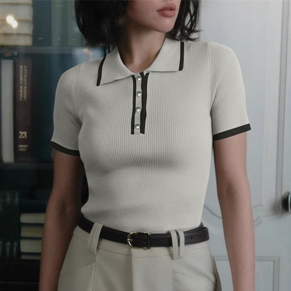 Timegard Going out Tops for Women Lapel Neck Button Drop Shoulder Slim Comfy Crop Tee Shirts Tops Trendy