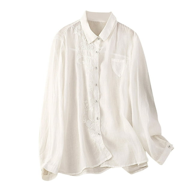 aidice Cotton Line Womens Tops Lapel Neck Long Sleeve Button up Shirts Embroidery Loose Blouses Tops