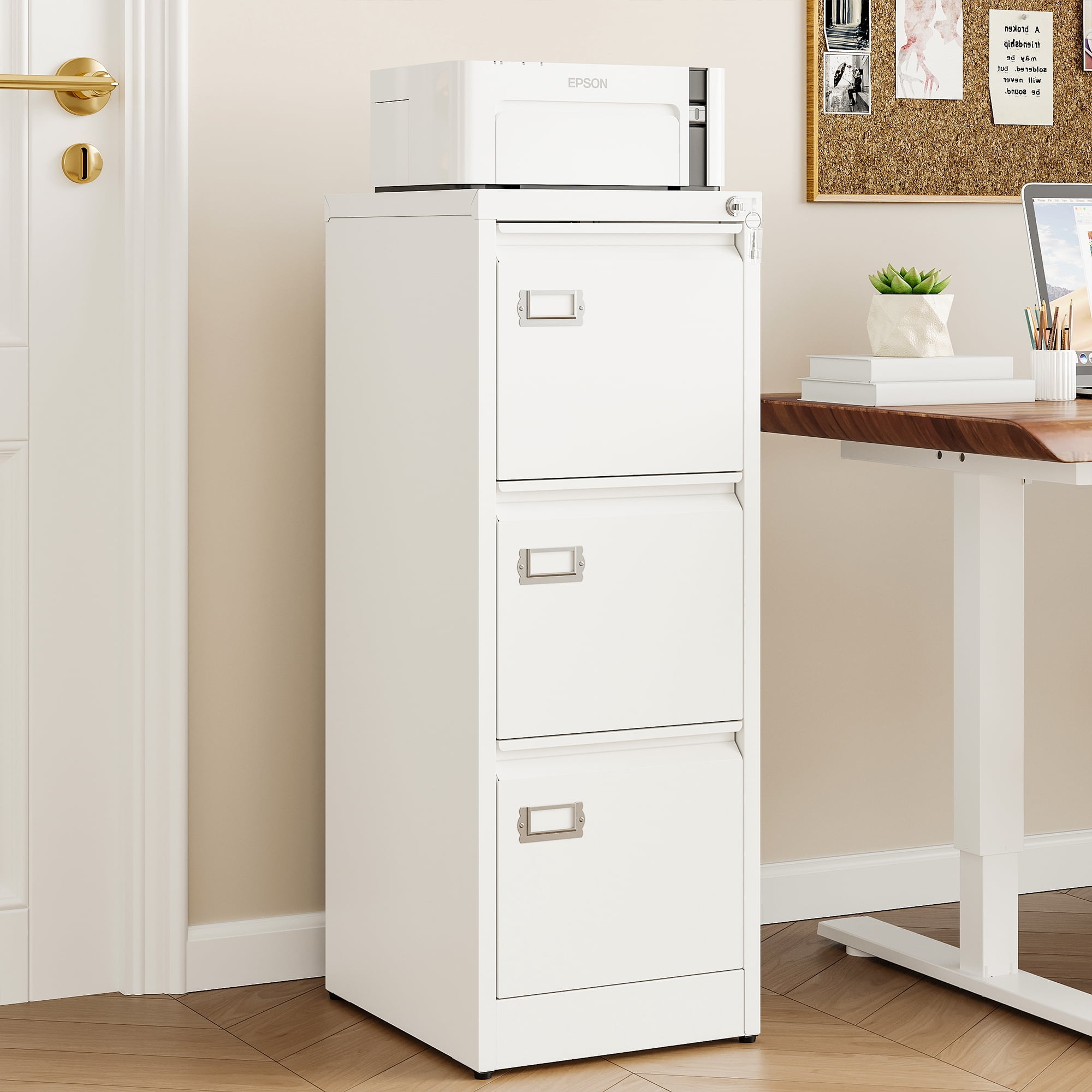 AUHUP 3 Drawer Metal File Cabinet with Lock, White Vertical Filing Storage Cabinet for Home Office