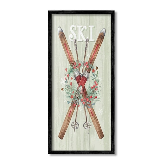 Stupell Industries Rustic Winter Skis Botanical & Floral Painting Black Framed Art Print Wall Art, 10 x 24