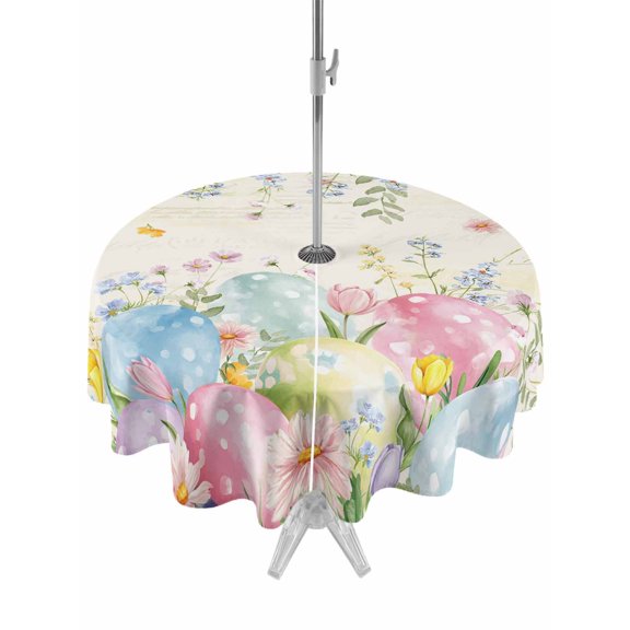 Outdoor Tablecloth with Umbrella Hole and Zipper, Easter Eggs Round Table Cloth 60 Inch Waterproof Tablecloth, Spring Daisy Eucalyptus Leaves Vintage Picnic Table Cover for Patio Camping