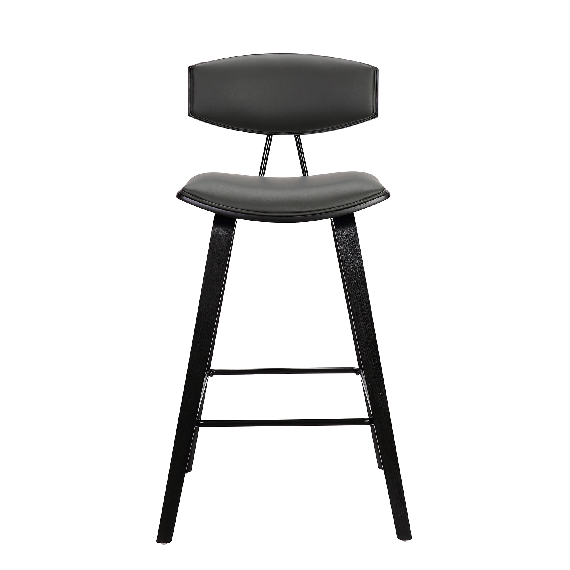 Fox 28.5" Bar Height Gray Faux Leather and Black Wood Mid-Century Modern Bar Stool - Set of 3