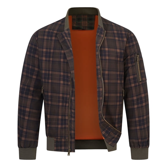 Maoxin Mens Jackets Men's Checkered Print Zipper Pocket Sports Long Sleeved Hooded Casual Jacket Brown L