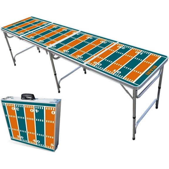 8-Foot Folding Portable Pong Table w/Optional Cup Holes & LED Lights - Miami Football Field (Choose Your Model)