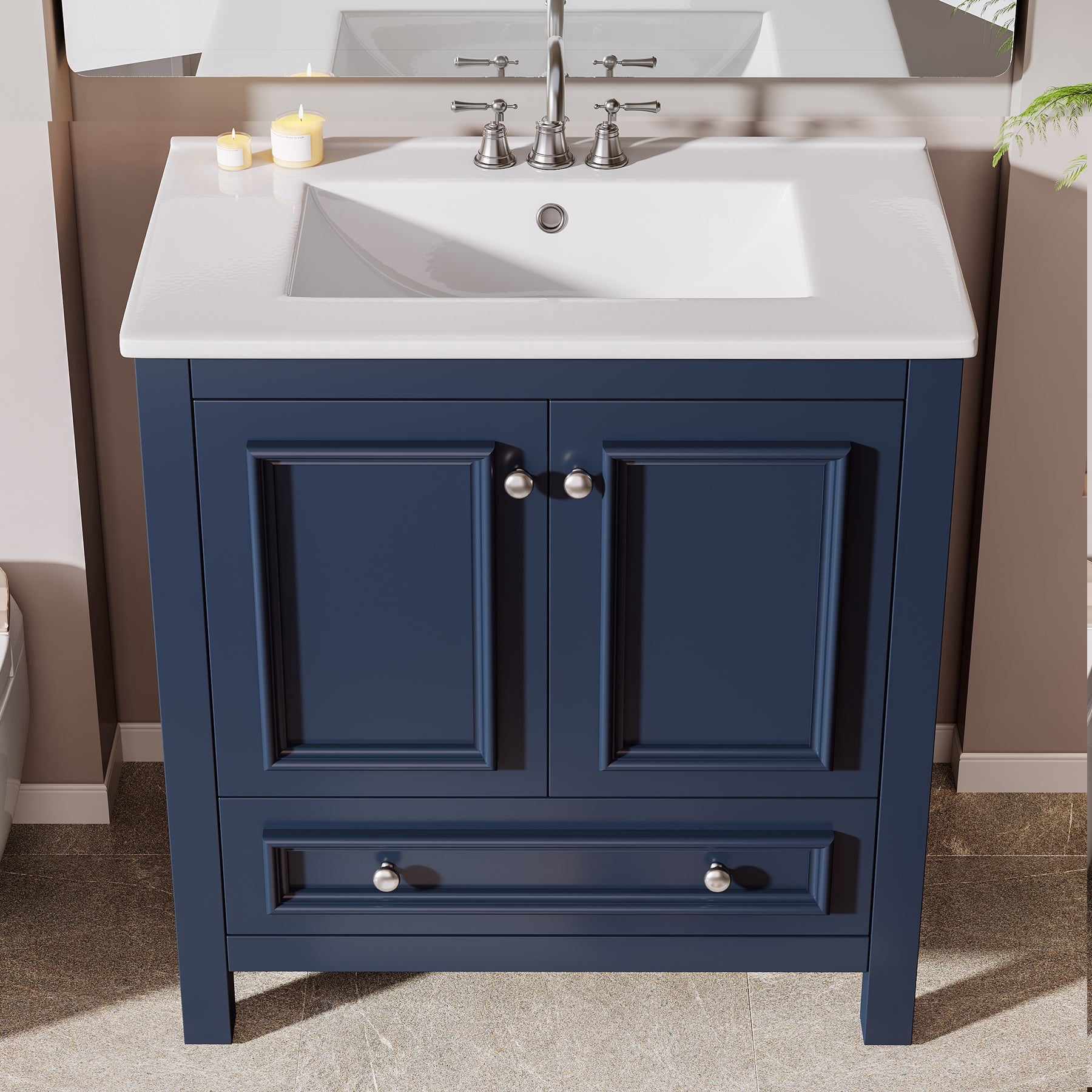 Fnova 30" Modern Bathroom Vanity with Sink, Freestanding Bathroom Vanities Cabinet, Bathroom Sink Cabinet with 2 Doors and 1 Drawer, Solid Wooden Frame, Navy Blue