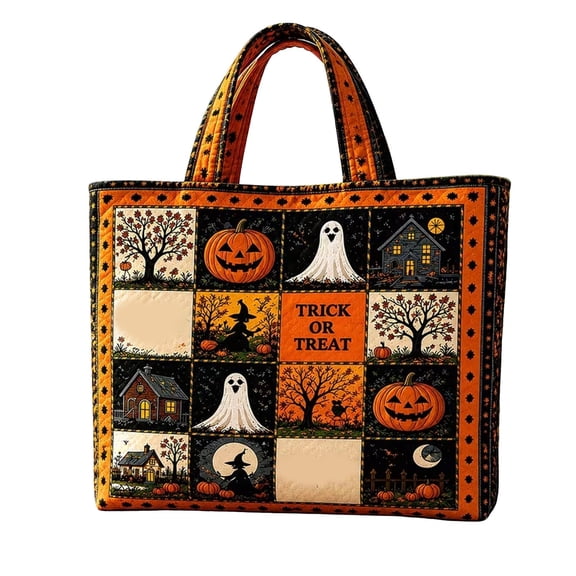 Halloween Patchwork Quilted Tote Bag Polyester Large Capacity Party Home Storage Handbag