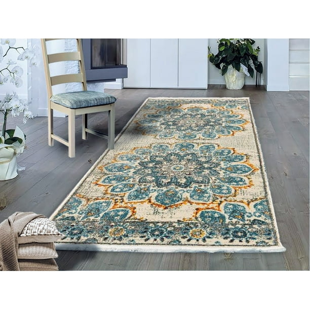 Pomegranate Bloom Vintage Area Rug V040a Aqua Yellow 3 X 8