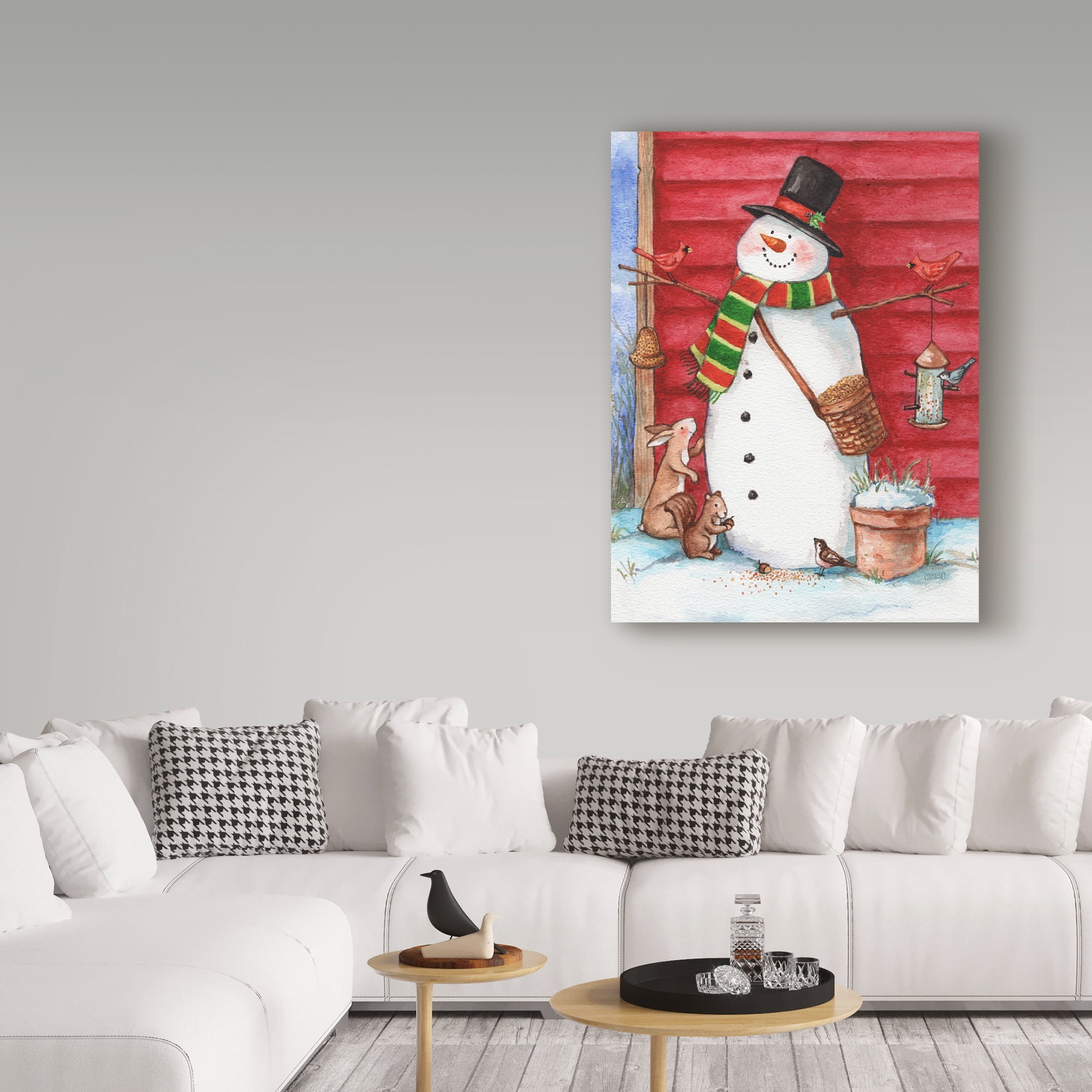 Trademark Fine Art 'Red Barn Snowman With Friends' Canvas Art by Melinda Hipsher