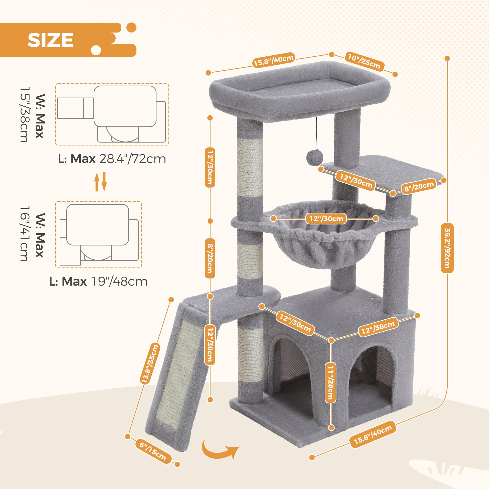 PAWZ Road 36" Cat Tree for Indoor Cats with Cat Condo Scratch Posts Cozy Hammock and Scratch Ladder, Gray