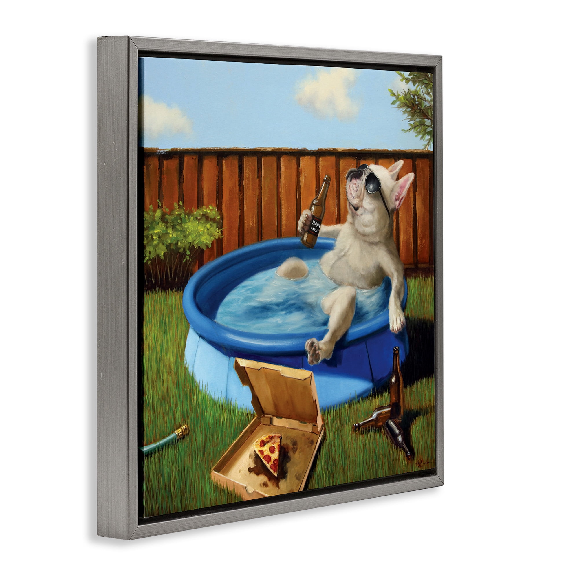 Stupell Industries Dog Drinking in Summer Pool Animals & Insects Painting Gray Floater Framed Canvas Art Print Wall Art, 18 x 18