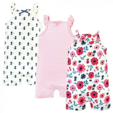 Touched by Nature Baby Girl Organic Cotton Rompers 3pk, Garden Floral Flutter, 3-6 Months