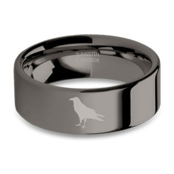 Corvid Crow Raven Engraved Gunmetal Polished Tungsten Wedding Band, 8mm, Size 15