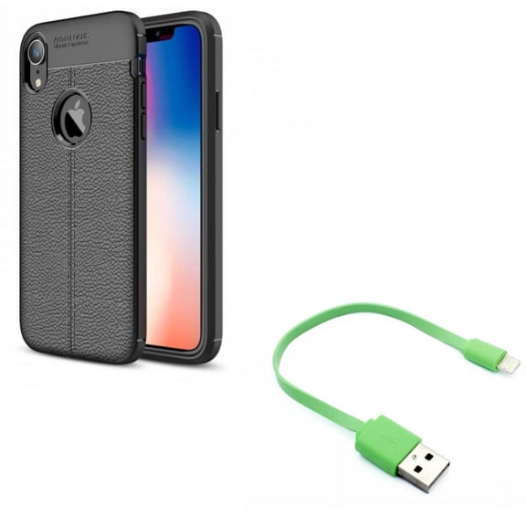 Short USB Cable w Case for iPhone XR - Charger Cord Power Wire Fast Charge, PU Leather Slim Fit Cover Reinforced Bumper Shock Absorbent Compatible With iPhone XR