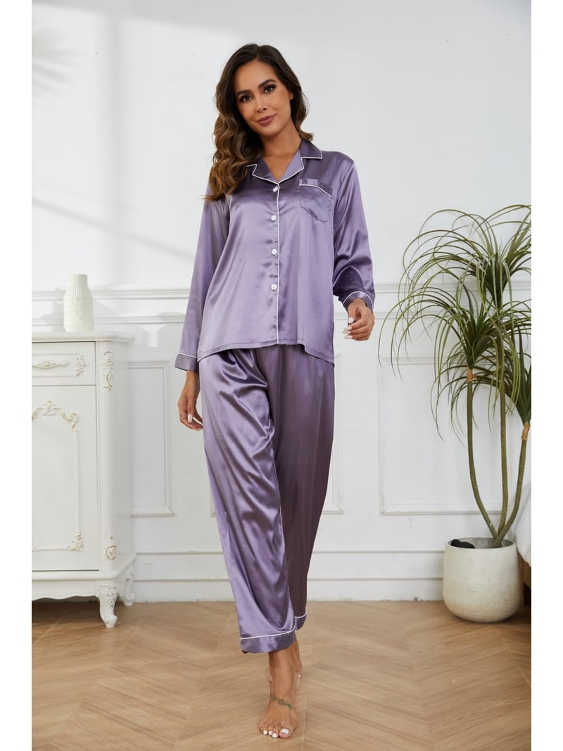 SIHA Satin Silk Pajama Set For Women – Long Sleeve Button-Down Top & Pants | Dark Purple, Medium