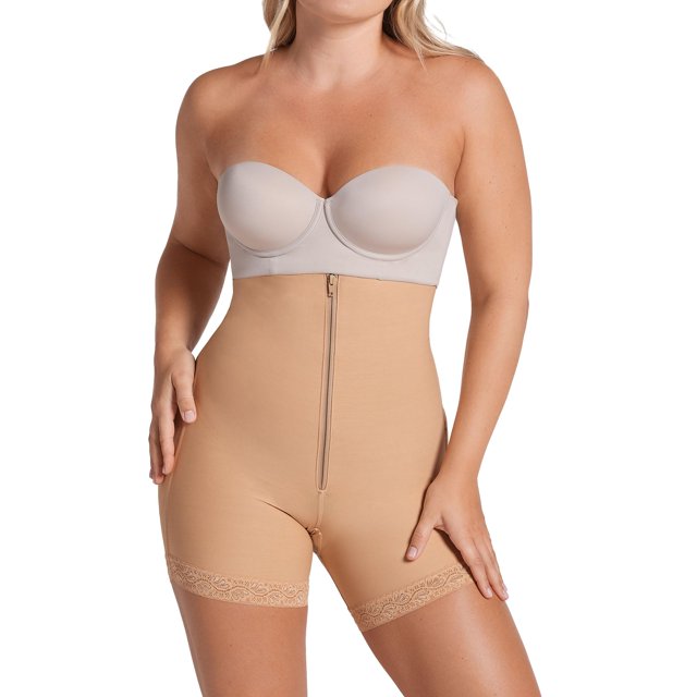 Leonisa Womens Strapless Compression Bodysuit Slimming Shaper Short With Booty Lifter,Beige,Large