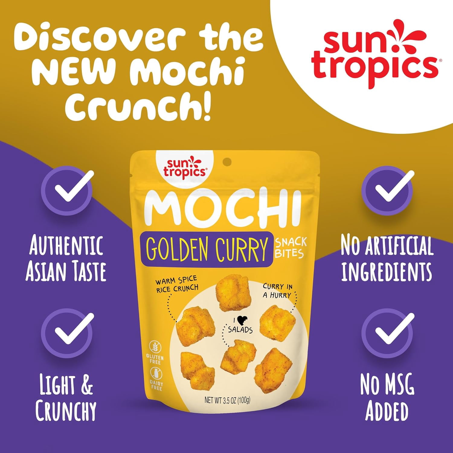 (Pack of 12), Sun Tropics Golden Curry Mochi Snack Bites, 3.5 oz