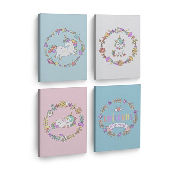 Smile Art Design Cute Unicorn Wall Decor Unicorn Gift Colorful Background 4 Piece Set Canvas Wall Art Print Kids Room Decor Baby Room Decor Nursery Decor Ready to Hang Made in the USA-(28x19)x4