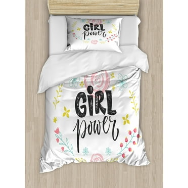 Feminist Twin Size Duvet Cover Set, Typography Girl Power Motivational Phrase and Hand-Drawn Style Floral Wreath Print, Decorative 2 Piece Bedding Set with 1 Pillow Sham, Multicolor, by Ambesonne