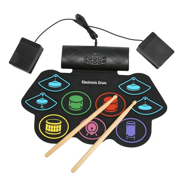 Almohadilla De Práctica De Batería Portátil, Sonido Estéreo De 360 9 Almohadillas Batería Electrónica BT Soporte 2 Pedales 100-240V Para Entrenamiento De Percusión