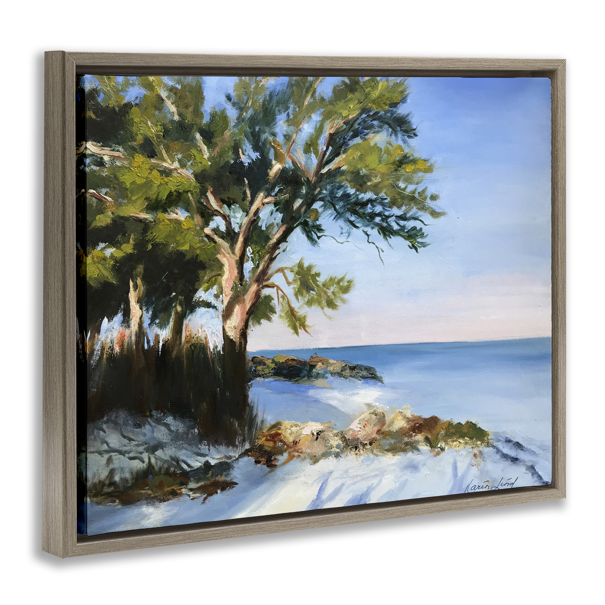 Stupell Industries White Sand Beach Landscape Painting Brown Floater Framed Canvas Art Print Wall Art, 31 x 25