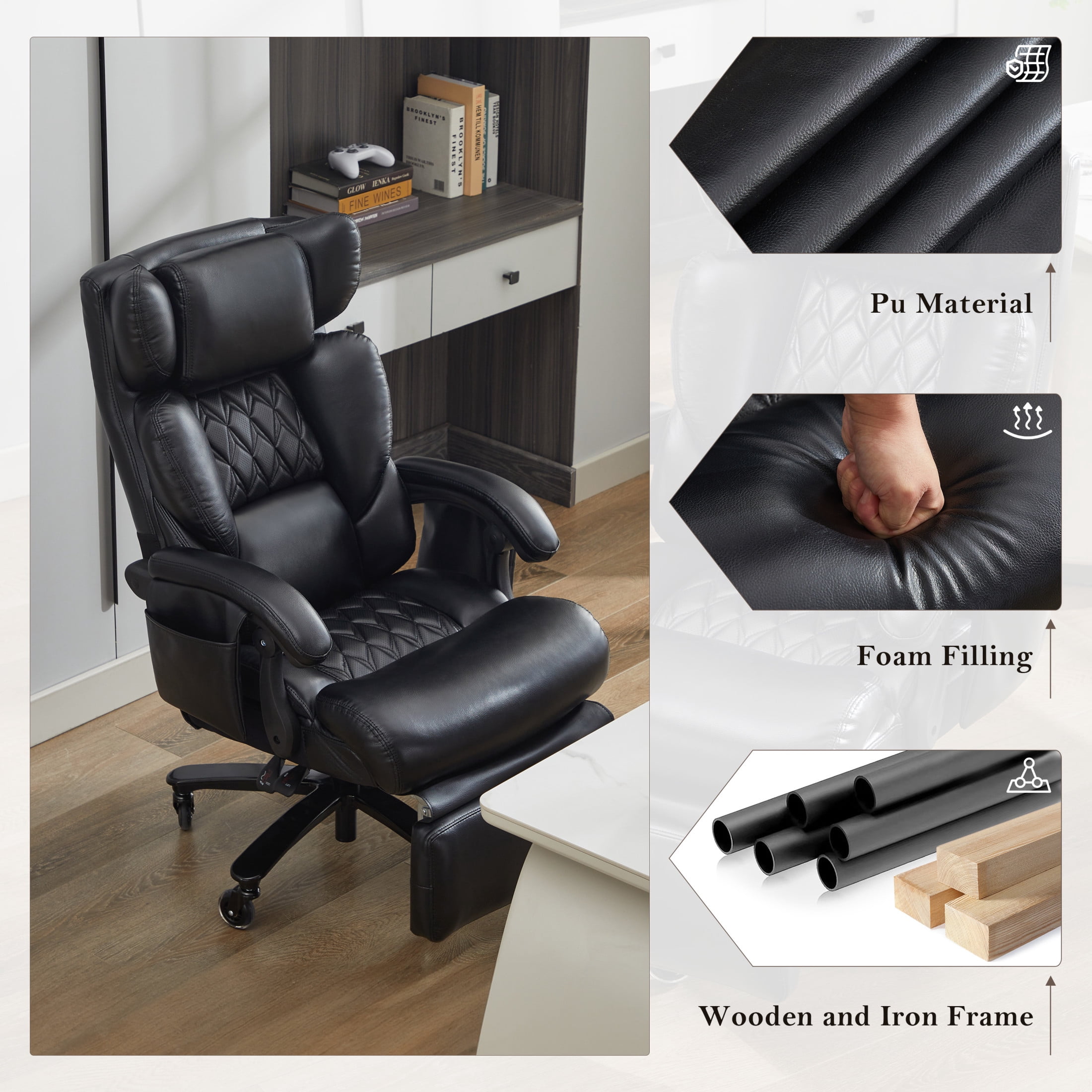 Noble House Cressi Tall Office Chair, High Back Computer Desk Chair with Swivel Base And Universal Wheels, Black