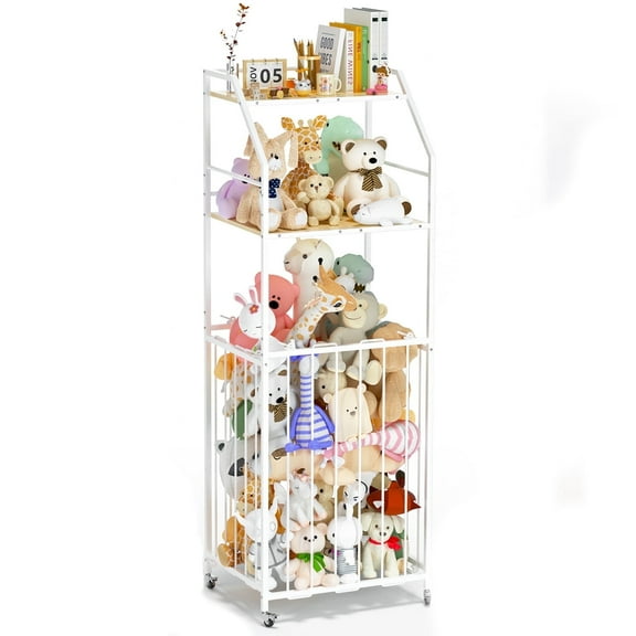 Stuffed Animal Storage with Wheels, Large Stuff Animals Plushies Holder Toy Organizer with 2 layer Wood Storage Rack for Nursery Playroom Corner for Toddler,White